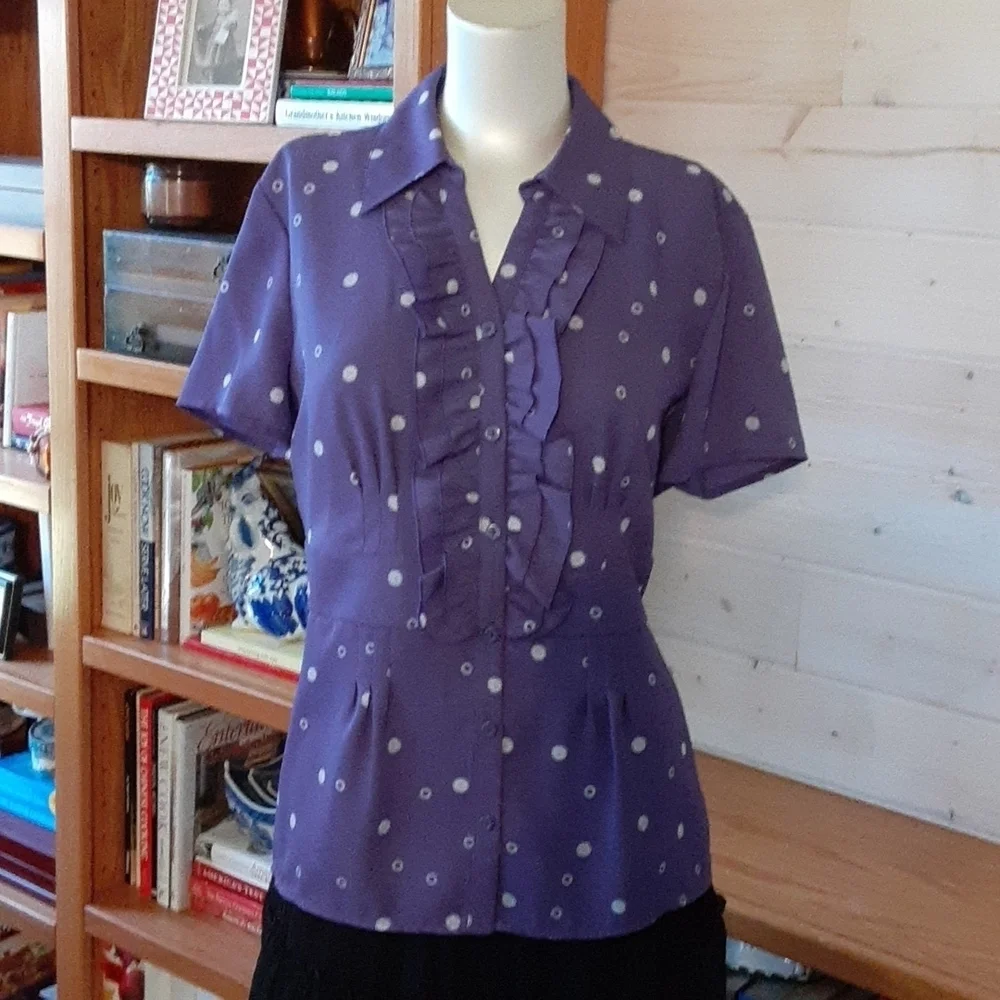 Pretty Royal Purple w/ White Pokdots Blouse & Solid Tank Size 12 - Picture 1 of 7